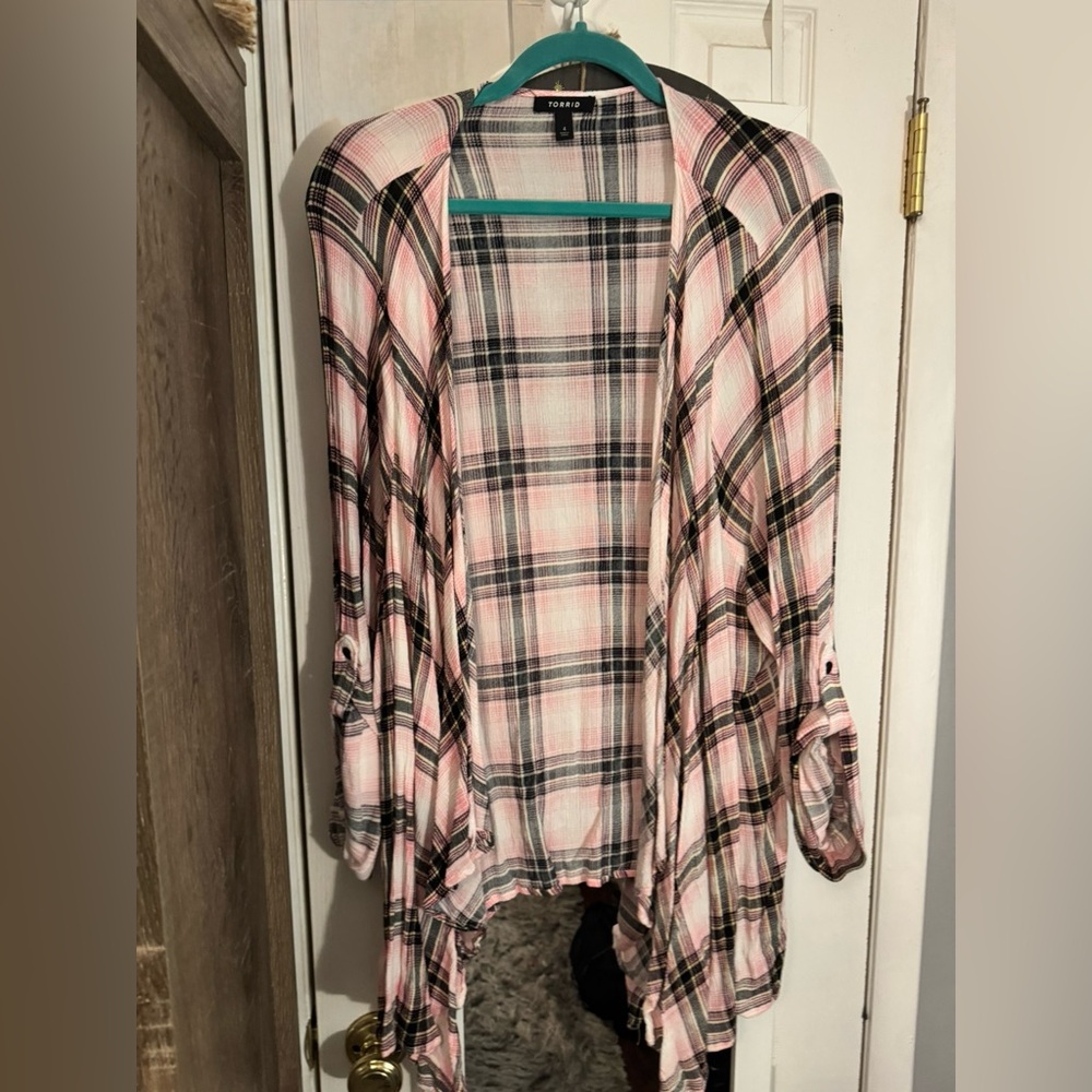 Torrid Pink and Black Plaid Cardigan